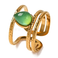 Teardrop Natural Dyed & Heated Green Onyx Agate Finger Rings, 304 Stainless Steel Hollow Wide Cuff Rings for Unisex, Golden, 13mm, Inner Diameter: Adjustable(RJEW-Q822-11G)