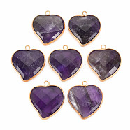 Natural Amethyst Pendants, with Light Gold Plated Brass Findings, Faceted, Heart, 29~29.5x26~26.5x6mm, Hole: 2mm(G-N326-124A)
