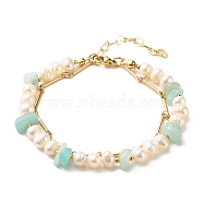 Natural Flower Amazonite & Pearl Beads Double Layered Bracelet, Reiki Healing Bracelet with Link Chain, Golden, 7-1/8 inch(18cm)(X1-BJEW-TA00025-04)