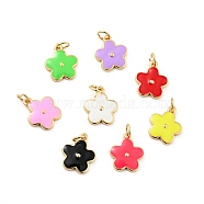 Rack Plating Brass Enamel Charms, with Jump Rings, Cadmium Free & Lead Free, Real 18K Gold Plated, Flower, Mixed Color, 14.5x12x1.3mm, Hole: 3.3mm(KK-G387-09G)