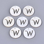 Natural Freshwater Shell Charms, Flat Round with Hollow Out Letter, Letter.W, 14.5x1.5mm, Hole: 0.9mm(SHEL-S276-119W)