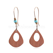 Wood Dangle Earrings, with Alloy Findings, Teardrop, Red Copper, 69x25mm(EJEW-F238-17B)
