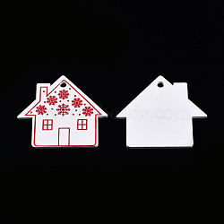 Christmas Spray Painted Wood Big Pendants, with Single-Sided Printed, House Charm with Snowflake Pattern, White, 48x54x3mm, Hole: 4mm(WOOD-N005-104)