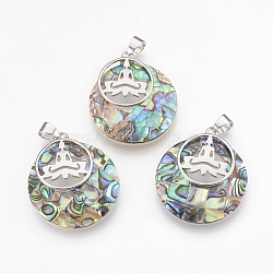 Natural Paua Shell Pendants, with Platinum Tone Brass Findings, Flat Round with Buddha, 32x28x7mm, Hole: 4x5mm(KK-F751-I02)