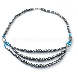 Non-Magnetic Synthetic Hematite & Turquoise Beades 3 Layer Necklaces, with Alloy Lobster Claw Clasps, Round & Twistd, Deep Sky Blue, 20.27 inch(51.5cm), Twistd: 15.5x8x8mm(NJEW-H307-01C)