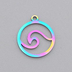 Ion Plating(IP) 201 Stainless Steel Charms, Laser Cut, Ring with Waved, Rainbow Color, 14x12x1mm, Hole: 1.2mm(STAS-N090-LA492)