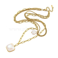 Ion Plating(IP) 201 Stainless Steel Multilayer Necklaces, Plastic Pearl Square Pendant Necklaces for Women, Golden, 15.47 inch(39.3cm)(NJEW-K270-16G)