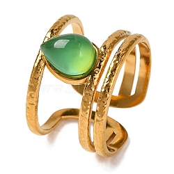 Teardrop Natural Dyed & Heated Green Onyx Agate Finger Rings, 304 Stainless Steel Hollow Wide Cuff Rings for Unisex, Golden, 13mm, Inner Diameter: Adjustable(RJEW-Q822-11G)