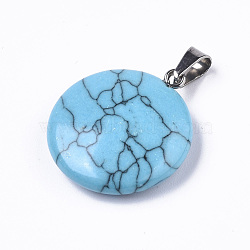 Synthetic Turquoise Pendants, with Platinum Tone Brass Bails, Flat Round, 22~25x19~21x5~7mm, Hole: 3x6mm(G-R470-006)