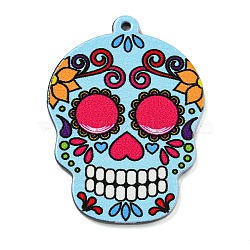 Halloween Theme Printed Acrylic Pendants, Skull Charms, Light Sky Blue, 45x32x2mm, Hole: 1.5mm(SACR-F013-02B)