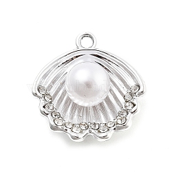 Alloy Rhinestone Pendants, with ABS Plastic Pearl, UV Plated, Shell Shape, Platinum, 20x19.5x8.5mm, Hole: 2mm(FIND-U026-11P)