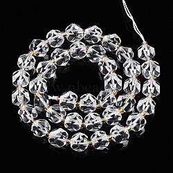 Natural Quartz Crystal Beads Strand, Rock Crystal Star Cut Round Beads, with Seed Beads, Faceted, 7.5~8x9~10x9~10mm, Hole: 1.2mm, about 37~38pcs/strand, 14.69''(37.3cm), Seed Beads: 2.5~3x2mm(G-T140-08)