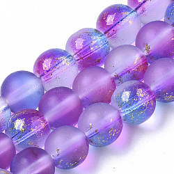Frosted Spray Painted Glass Beads Strands, with Golden Foil, Round, Blue Violet, 8~9mm, Hole: 1.2~1.5mm, about 46~56pcs/Strand, 14.37 inch~16.3 inch(36.5~41.4cm)(GLAA-N035-03C-C03)