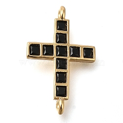 Brass Pave Black Cubic Zirconia Connector Charms, Religion Cross Links, Real 16K Gold Plated, 20x13x3mm, Hole: 1.2mm(KK-M101-02H-G)