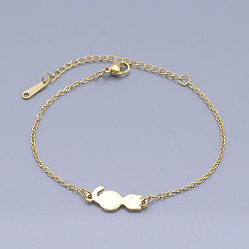 201 Stainless Steel Kitten Link Bracelets, with Lobster Claw Clasps, Cat Silhouette, Golden, 6-3/4 inch(17cm)