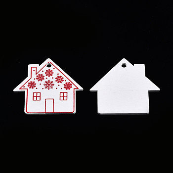 Christmas Spray Painted Wood Big Pendants, with Single-Sided Printed, House Charm with Snowflake Pattern, White, 48x54x3mm, Hole: 4mm