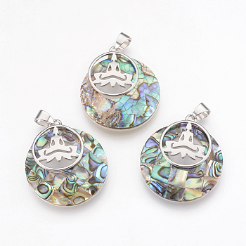 Natural Paua Shell Pendants, with Platinum Tone Brass Findings, Flat Round with Buddha, 32x28x7mm, Hole: 4x5mm