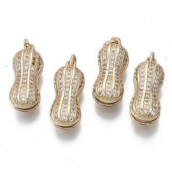 Brass Micro Cubic Zirconia Pendants, with ABS Plastic Imitation Pearl Beads and Loop, Peanut, Golden, 22x9x8mm, Hole: 3mm, Jump Ring: 5x1mm, Plastic Beads: 6mm in diameter.