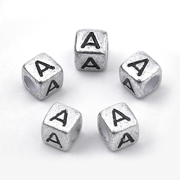 Plated Acrylic Beads, Horizontal Hole, Cube with Letter, Antique Silver, Letter.A, 6mm, Hole: 3mm, about 3000pcs/500g