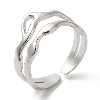 Non-Tarnish 304 Stainless Steel Hollow Wave Open Cuff Ring for Women, Stainless Steel Color, Inner Diameter: 17mm