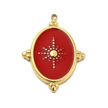 304 Stainless Steel Pendants, with Enamel, Oval with Star Charm, Golden, Red, 24x18x2mm, Hole: 1.4mm