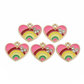 Alloy Enamel Charms, with Crystal Rhinestone, Cadmium Free & Nickel Free & Lead Free, Heart, Light Gold, Colorful, 14x16x2mm, Hole: 1.6mm