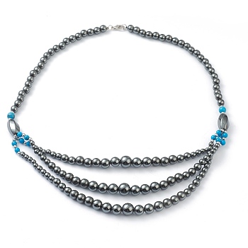 Non-Magnetic Synthetic Hematite & Turquoise Beades 3 Layer Necklaces, with Alloy Lobster Claw Clasps, Round & Twistd, Deep Sky Blue, 20.27 inch(51.5cm), Twistd: 15.5x8x8mm