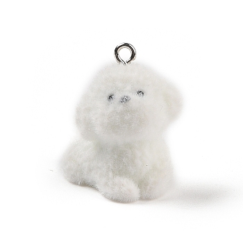 Flocking Resin Cute Puppy Pendants, Dog Charms with Platinum Plated Iron Loops, White, 30x19x23mm, Hole: 2.5mm