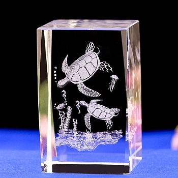 3D Inner Carved Sea Animal Glass Ornaments, for Home Office Desktop Decoration, Cuboid, Turtle, 30x30x45mm