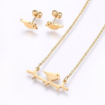 304 Stainless Steel Jewelry Sets, Stud Earrings and Pendant Necklaces, Bird, Golden, Necklace: 18.9 inch(48cm), Stud Earrings: 5x12x1.2mm, Pin: 0.8mm