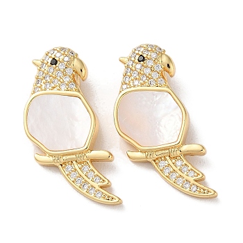 Brass Micro Pave Clear Cubic Zirconia Pendants, with Shell, Real 18K Gold Plated, Bird, 24.5x16x6mm, Hole: 4x2mm