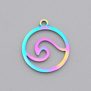 Ion Plating(IP) 201 Stainless Steel Charms, Laser Cut, Ring with Waved, Rainbow Color, 14x12x1mm, Hole: 1.2mm