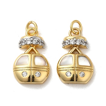 Rack Plating Brass Micro Pave Cubic Zirconia with Sea shell Pendants, Cadmium Free & Lead Free, Cable Car, Real 18K Gold Plated, 15.5x10x4mm, Hole: 2.5mm