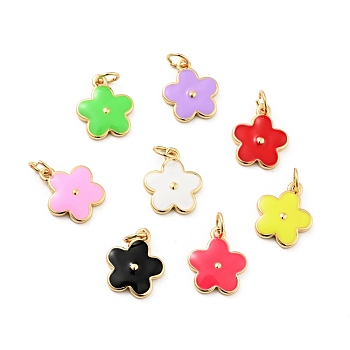 Rack Plating Brass Enamel Charms, with Jump Rings, Cadmium Free & Lead Free, Real 18K Gold Plated, Flower, Mixed Color, 14.5x12x1.3mm, Hole: 3.3mm