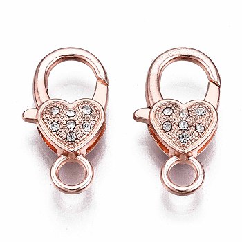 Alloy Rhinestone Lobster Claw Clasps, Heart, Rose Gold, 26.5~27x14x6.5mm, Hole: 4mm