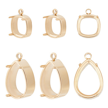 6Pcs 2 Styles Ion Plating(IP) 304 Stainless Steel Pendant Cabochon Settings, Rhinestone Claw Settings, Prong Settings, Teardrop & Square, Real 14K Gold Plated, Tray: 10~13x10mm, 14~18x11.5x6~7.5mm, Hole: 1.8mm, 3pcs/style