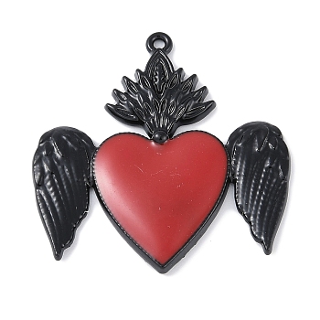 Rack Plating Alloy Enamel Pendants, Cadmium Free & Nickel Free & Lead Free, Sacred Heart with Wing Charm, Black, 38.5x37.5x3.5mm, Hole: 1.6mm