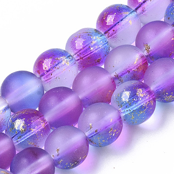 Frosted Spray Painted Glass Beads Strands, with Golden Foil, Round, Blue Violet, 8~9mm, Hole: 1.2~1.5mm, about 46~56pcs/Strand, 14.37 inch~16.3 inch(36.5~41.4cm)