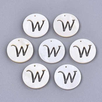 Natural Freshwater Shell Charms, Flat Round with Hollow Out Letter, Letter.W, 14.5x1.5mm, Hole: 0.9mm