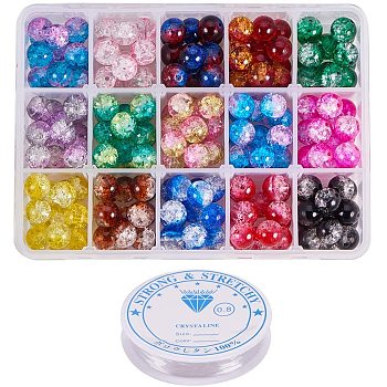 Spray Painted Crackle Glass Beads, Round, with Crystal Thread, Mixed Color, 10mm, Hole: 1.3~1.6mm, about 13~15pcs/color, 195~225pcs/set