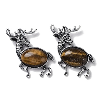 Alloy Elk Brooches, with Natural Tiger Eye, Antique Silver, 49.5x49x14mm
