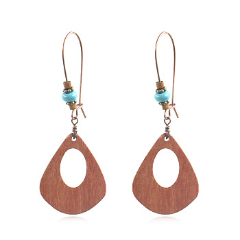 Wood Dangle Earrings, with Alloy Findings, Teardrop, Red Copper, 69x25mm