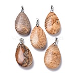 Natural Picture Jasper Pendants, with Brass Finding, Teardrop, 35x20x7.5~9mm, Hole: 4x3.5mm(G-D084-01P-B13)