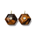 Natural Tiger Eye Pendants, Faceted Hexagon Charms with Brass Micro Pave Clear Cubic Zirconia Findings, Golden, 21~22x19~20x6.5~7.5mm, Hole: 3.5x2.5mm(G-P588-02G-08)