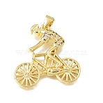 Brass Micro Pave Clear Cubic Zirconia Pendants, Bicycle with Human Charms, Golden, 24.5x25x4mm, Hole: 4x4mm(KK-Z163-08G)