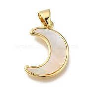 Rack Plating Brass Pave Shell Pendants, Moon Charms, Long-Lasting Plated, Cadmium Free & Lead Free, Real 18K Gold Plated, 18x12x2mm, Hole: 5x4mm(KK-G500-17G)