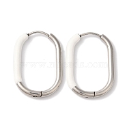 Oval Ion Plating(IP) 304 Stainless Steel Hoop Earrings for Women, with Enamel, Stainless Steel Color, White, 27x19mm(EJEW-L287-038P-02)