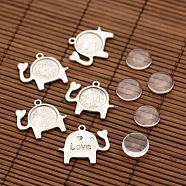 Zinc Alloy Pendant Cabochon Settings, Elephant and Transparent Flat Round Glass Cabochons, Lead Free, Antique Silver, Tray: 14mm, 24x27x6mm, Hole: 2mm, Glass Cabochons: 14x4mm(DIY-X0233-AS-LF)