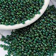 MIYUKI Round Rocailles Beads, Japanese Seed Beads, 8/0, (RR354) Chartreuse Lined Green AB, 3mm, Hole: 1mm, about 422~455pcs/10g(X-SEED-G008-RR0354)