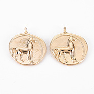 Brass Pendants, Nickel Free, Flat Round with Horse, Real 18K Gold Plated, 19x17x2.5mm, Hole: 1.5mm(KK-S356-528-NF)